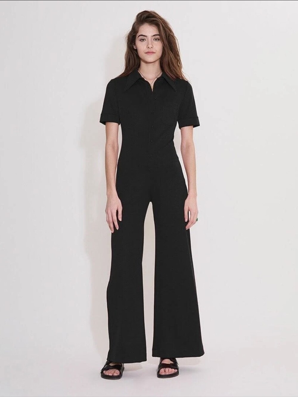 Suzie Kondi Ponte Short Sleeve Jumpsuit One Piece Black Size Small Wide Leg